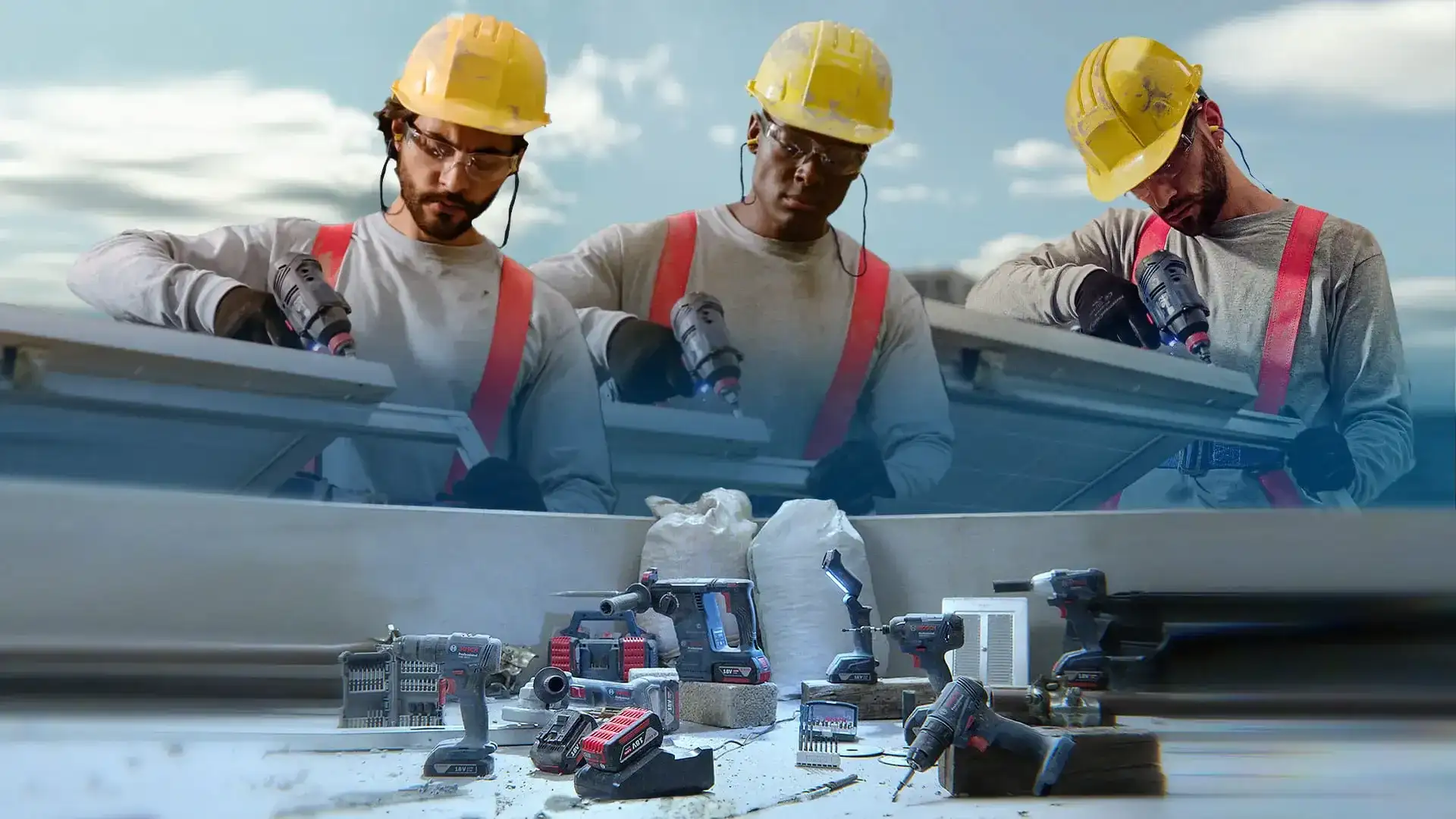 Helios Worldwide's case study for Bosch, an immersive digital brand experience. Image of workers with power tools, representing the project's focus on high-performance B2B web development