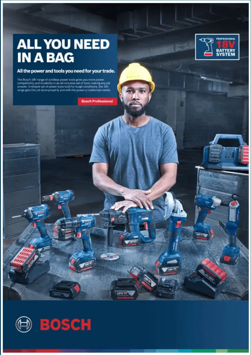 Our B2B ad campaign for Bosch Professional, showcasing the 18V cordless tool system for tradesmen.