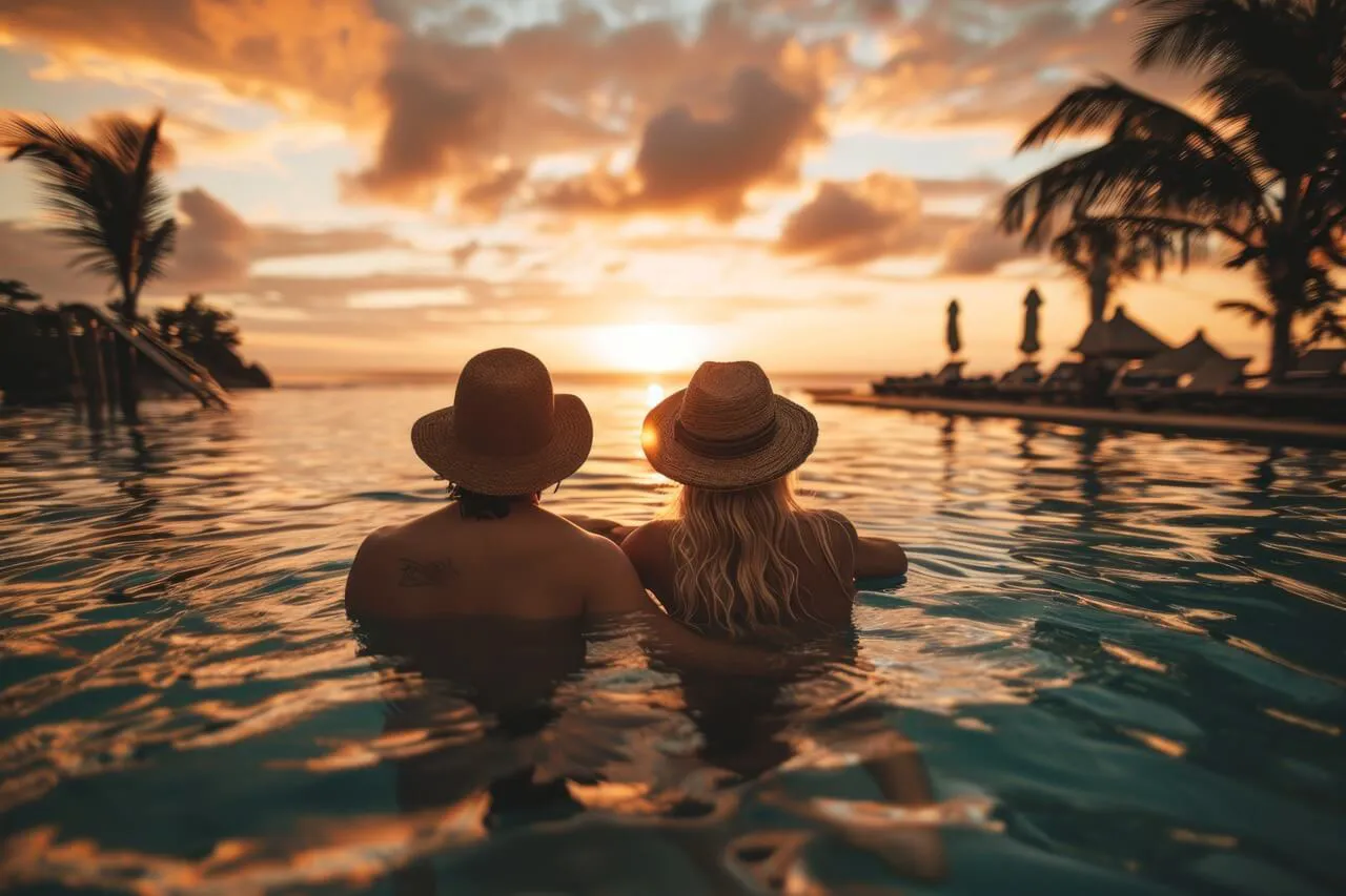 A couple watching a sunset from a pool, representing the 'inspiration' phase of our 'inspiration to visitation' travel tourism marketing strategy.