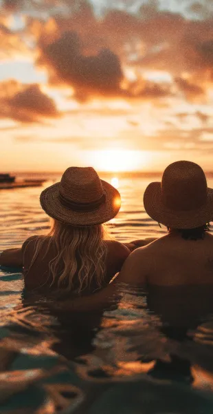 A couple watching a sunset from a pool, representing the 'inspiration' phase of our 'inspiration to visitation' travel tourism marketing agency strategy.