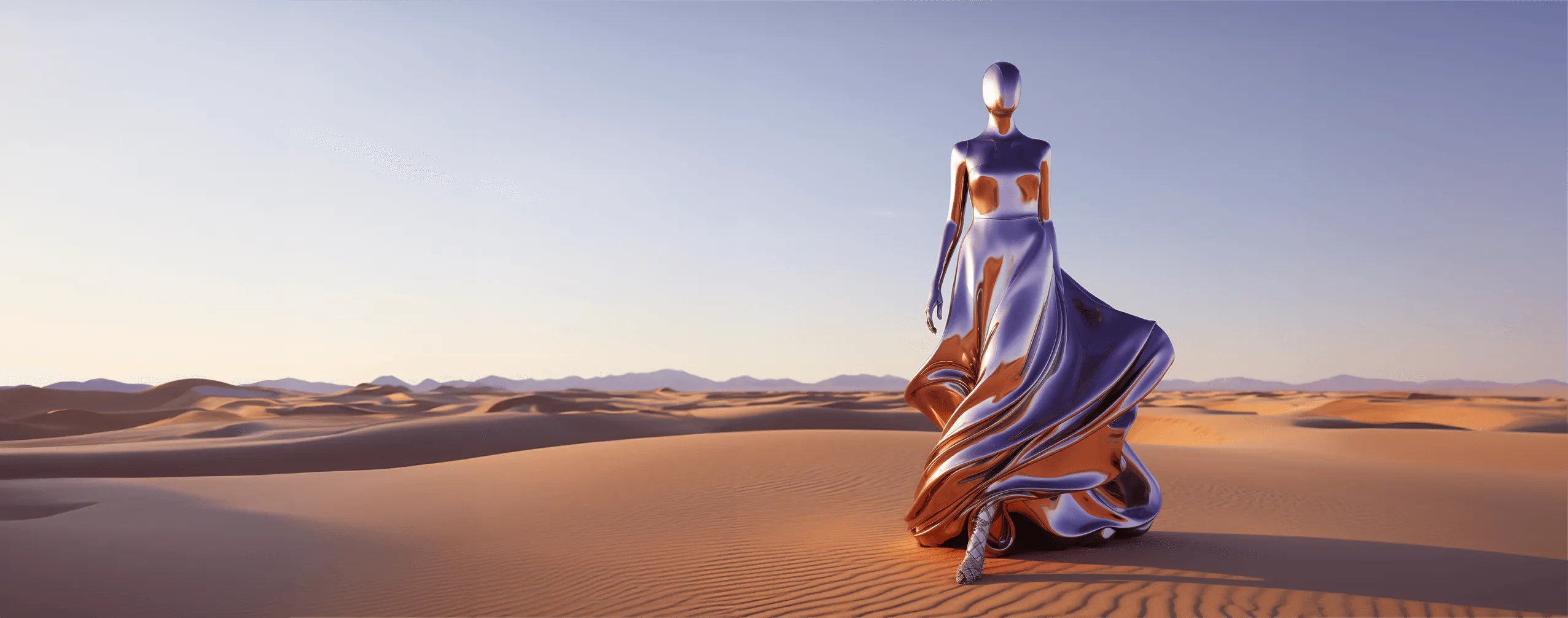 A futuristic fashion figure in a vast desert, representing the new, disrupted landscape for luxury brands. An image for our expertise in DTC fashion strategy and modern marketing.