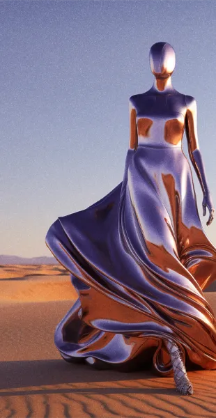A futuristic fashion figure in a vast desert, representing the new, disrupted landscape for luxury brands. An image for our expertise in DTC fashion strategy and modern marketing.