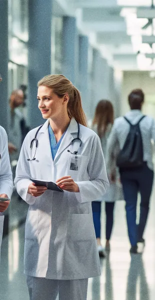 A team of healthcare professionals collaborating in a hospital, representing our integrated healthcare communications strategy that connects providers and improves patient outcomes.